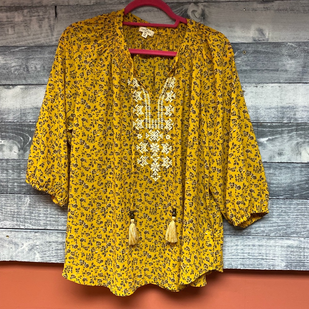 Mason & Belle Women Top Blouse Boho 3/4 Sleeve V Neck Size 1X Gold/Floral